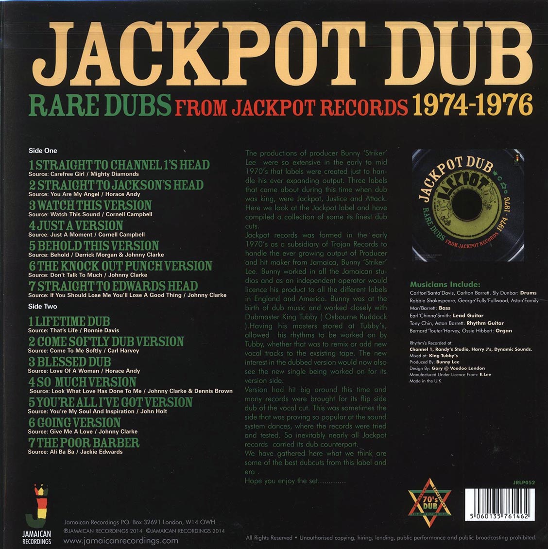 The Aggrovators - Jackpot Dub: Rare Dubs From Jackpot Records 1974-1976 (180g) vinyl LP back cover