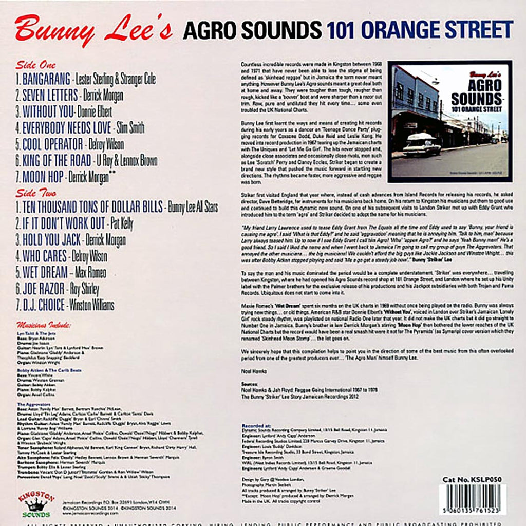 Delroy Wilson, Slim Smith, Lester Sterling, Etc. - Bunny Lee's Agro Sounds: 101 Orange Street (180g) vinyl LP back cover