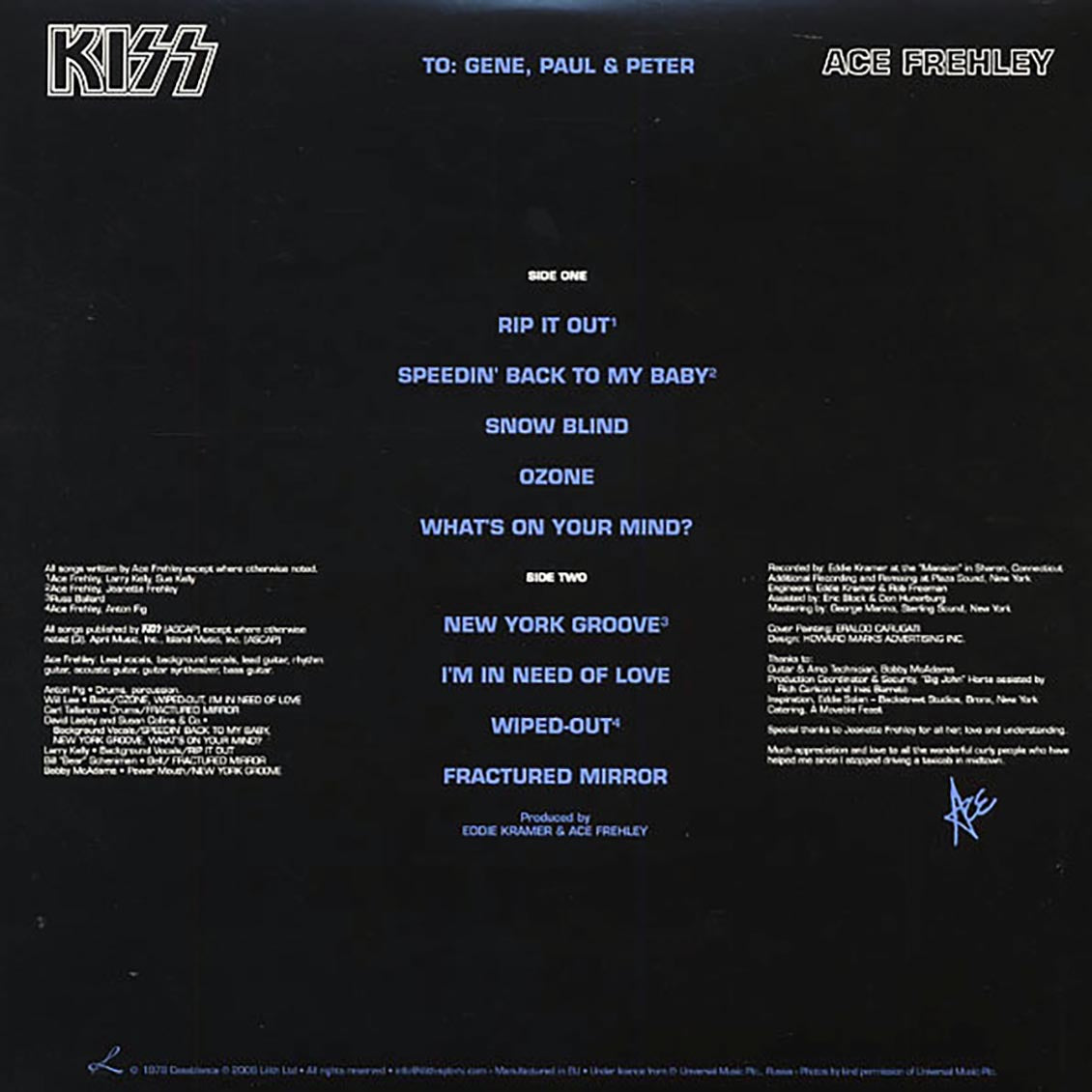 Kiss - Ace Frehley (picture disc) vinyl LP back cover