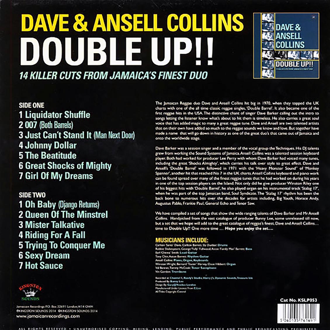 Dave & Ansel Collins - Double Up!! 18 Killer Cuts From Jamaica's Finest Duo (180g) vinyl LP back cover