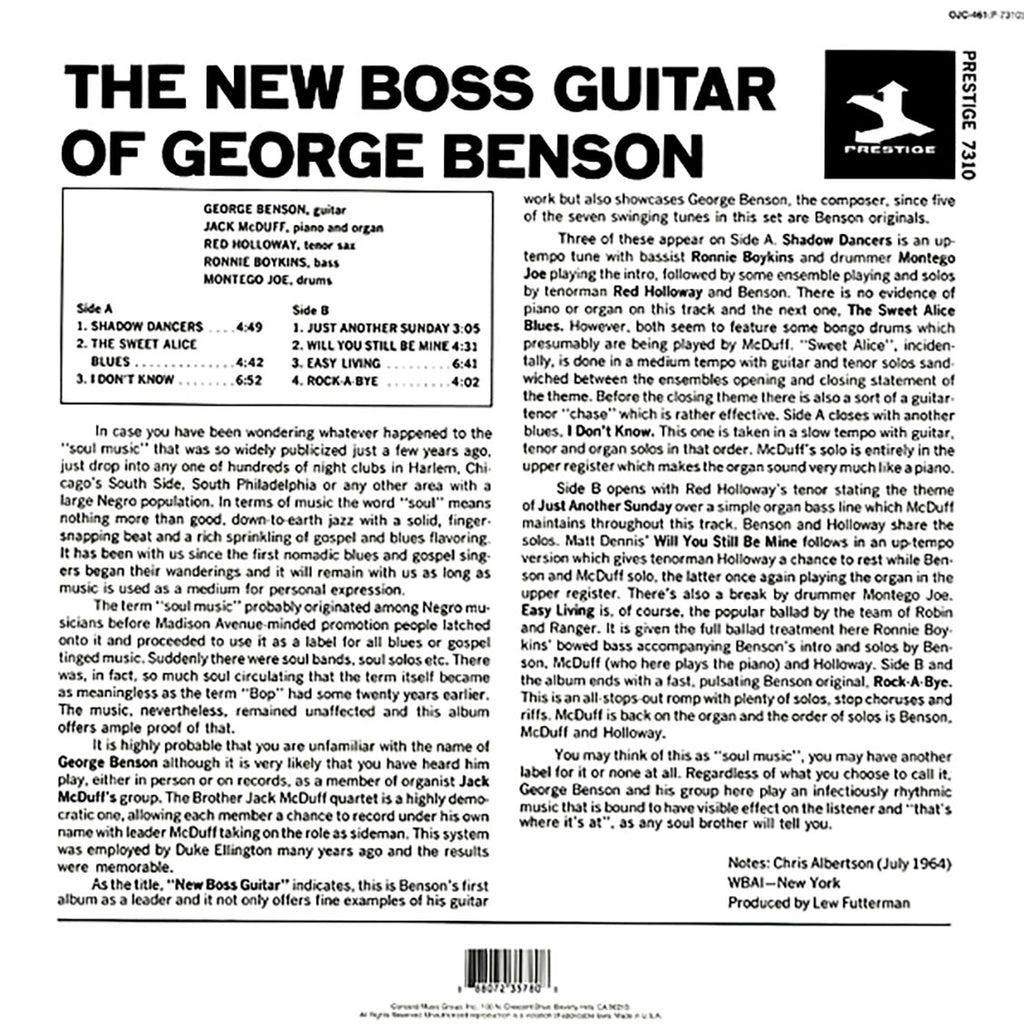 George Benson, Jack McDuff Quartet - The New Boss Guitar Of George Benson vinyl LP back cover