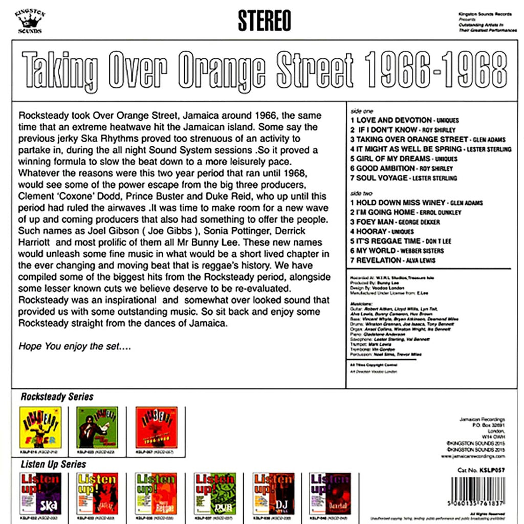 The Uniques, Roy Shirley, Lester Sterling, Alva Lewis, Etc. - Rock Steady Taking Over Orange Street: 1966-1968 (180g) vinyl LP back cover