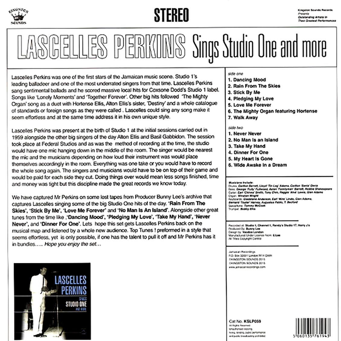 Lascelles Perkins - Sings Studio One And More (180g) vinyl LP back cover