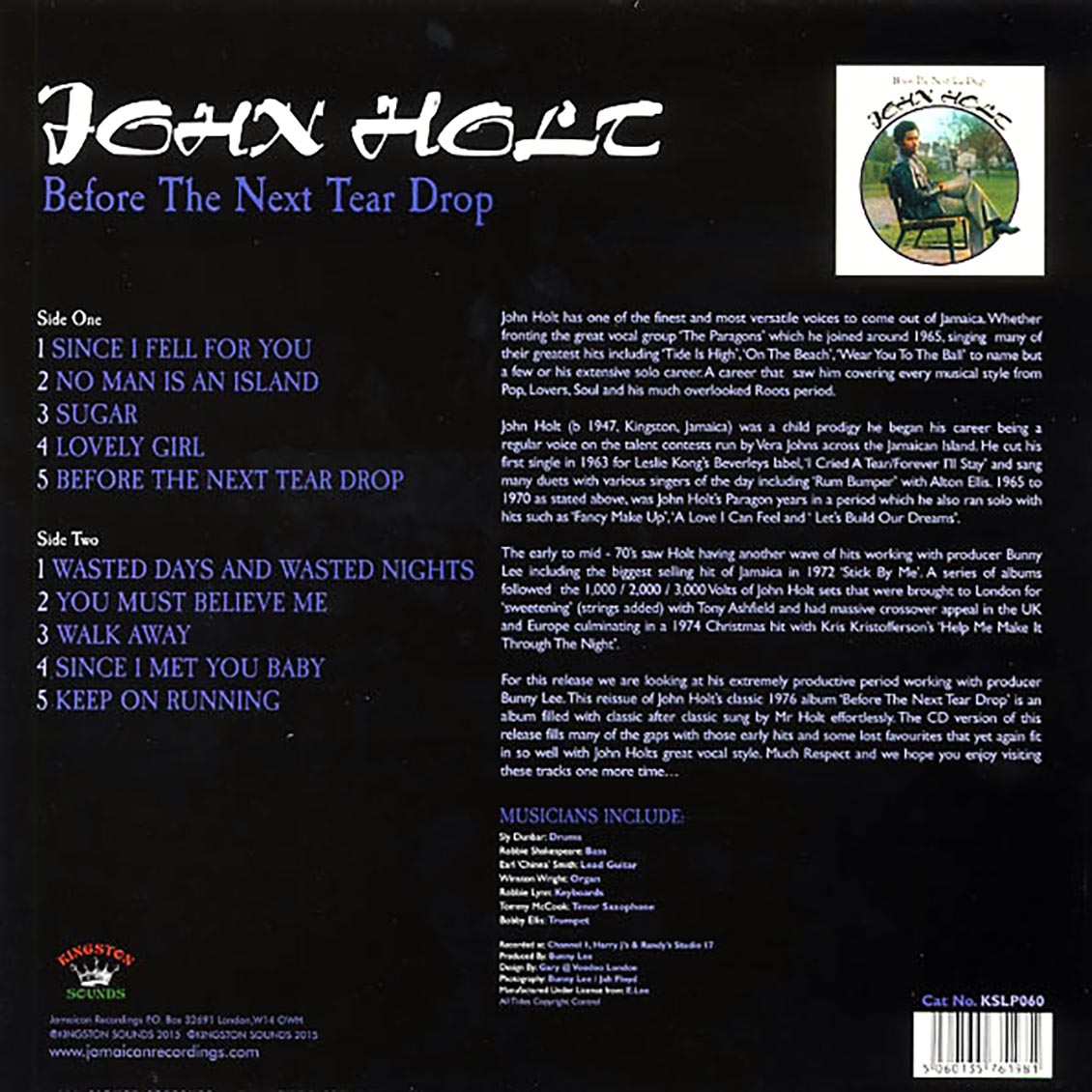 John Holt - Before The Next Teardrop Falls (180g) vinyl LP back cover