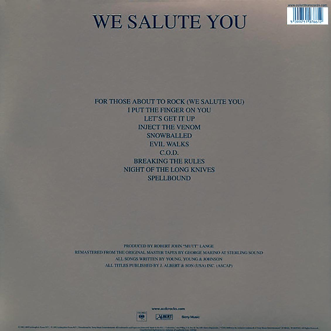 AC/DC - For Those About To Rock We Salute You (180g) vinyl LP back cover