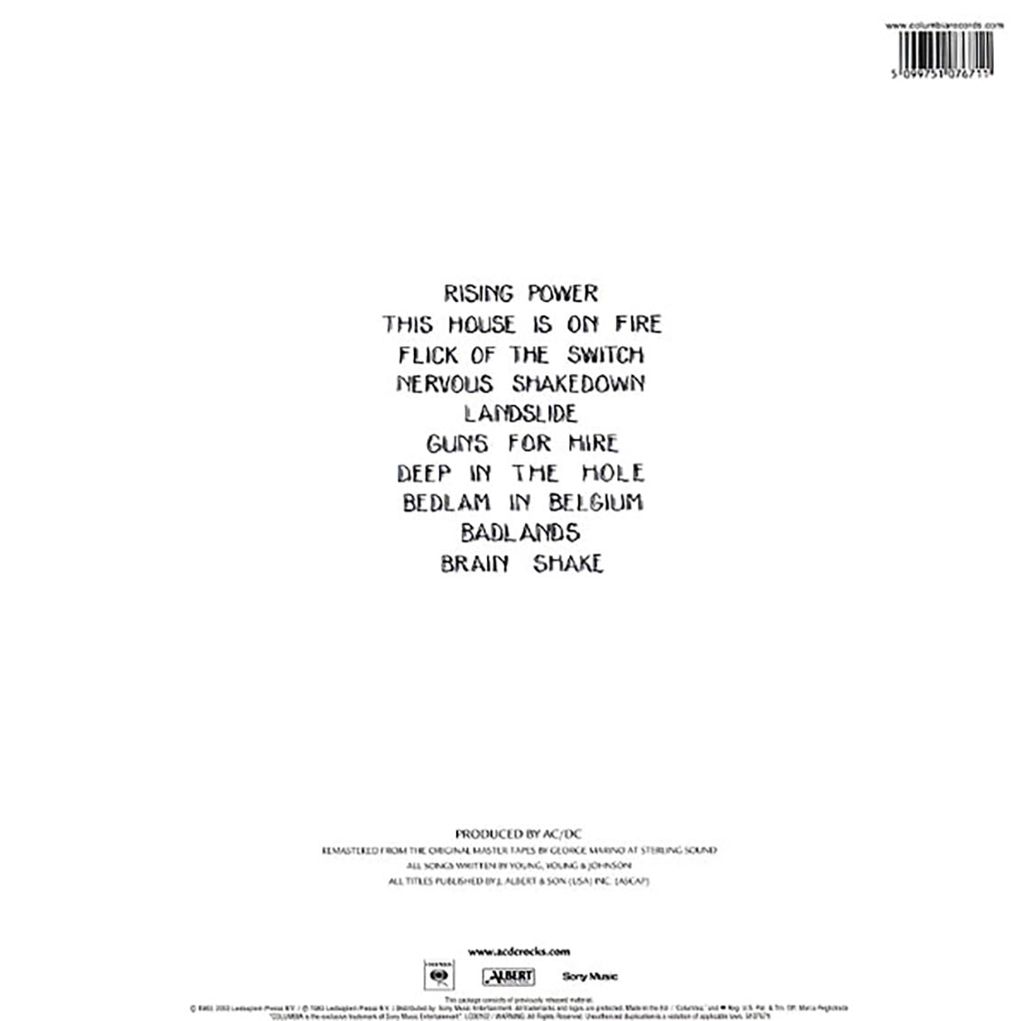 AC/DC - Flick Of The Switch (180g) vinyl LP back cover