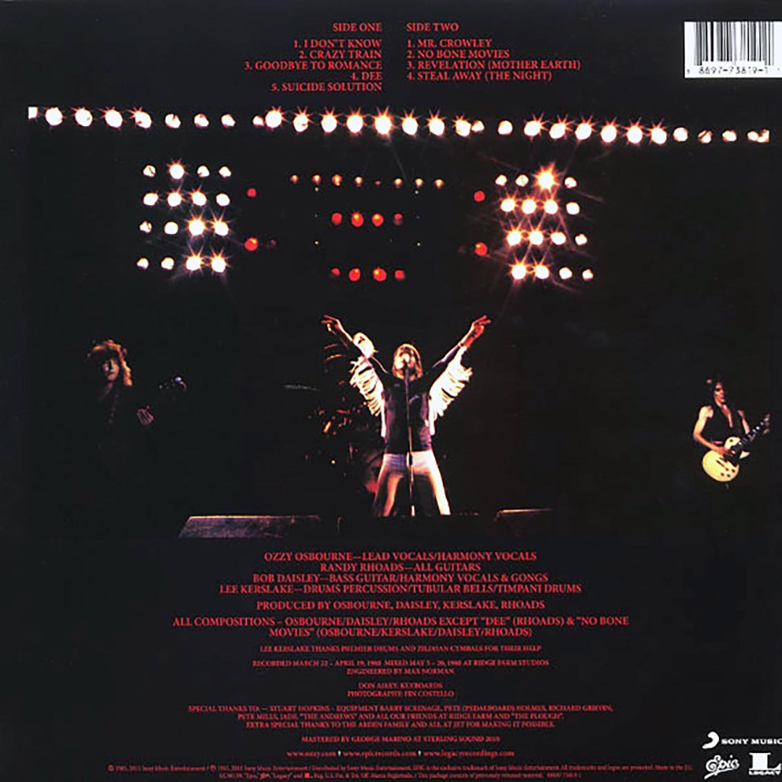 Ozzy Osbourne - Blizzard Of Ozz (180g) vinyl LP back cover