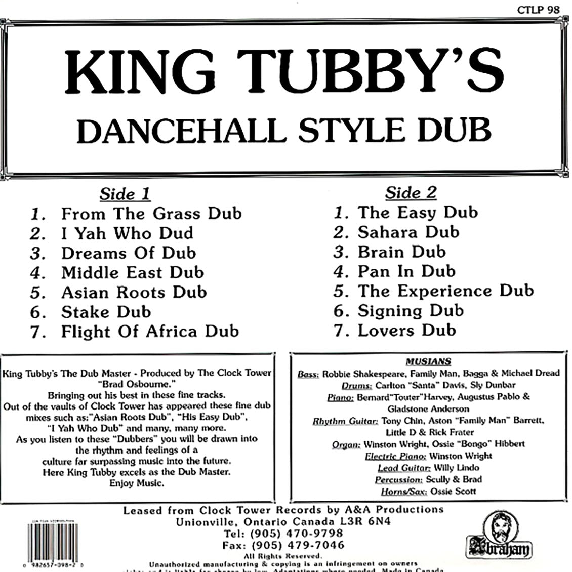 King Tubby - Dance Hall Style Dub vinyl LP back cover