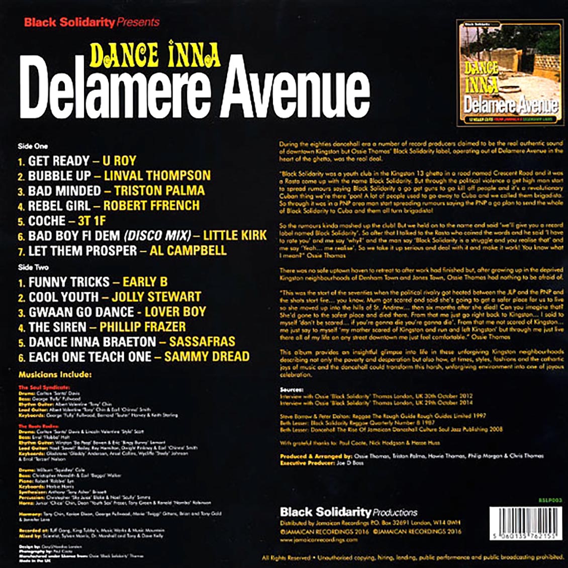 Linval Thompson, Early B, Triston Palmer, Jolly Stewart, Sammy Dread, Etc. - Dance Inna Delamere Avenue (180g) vinyl LP back cover
