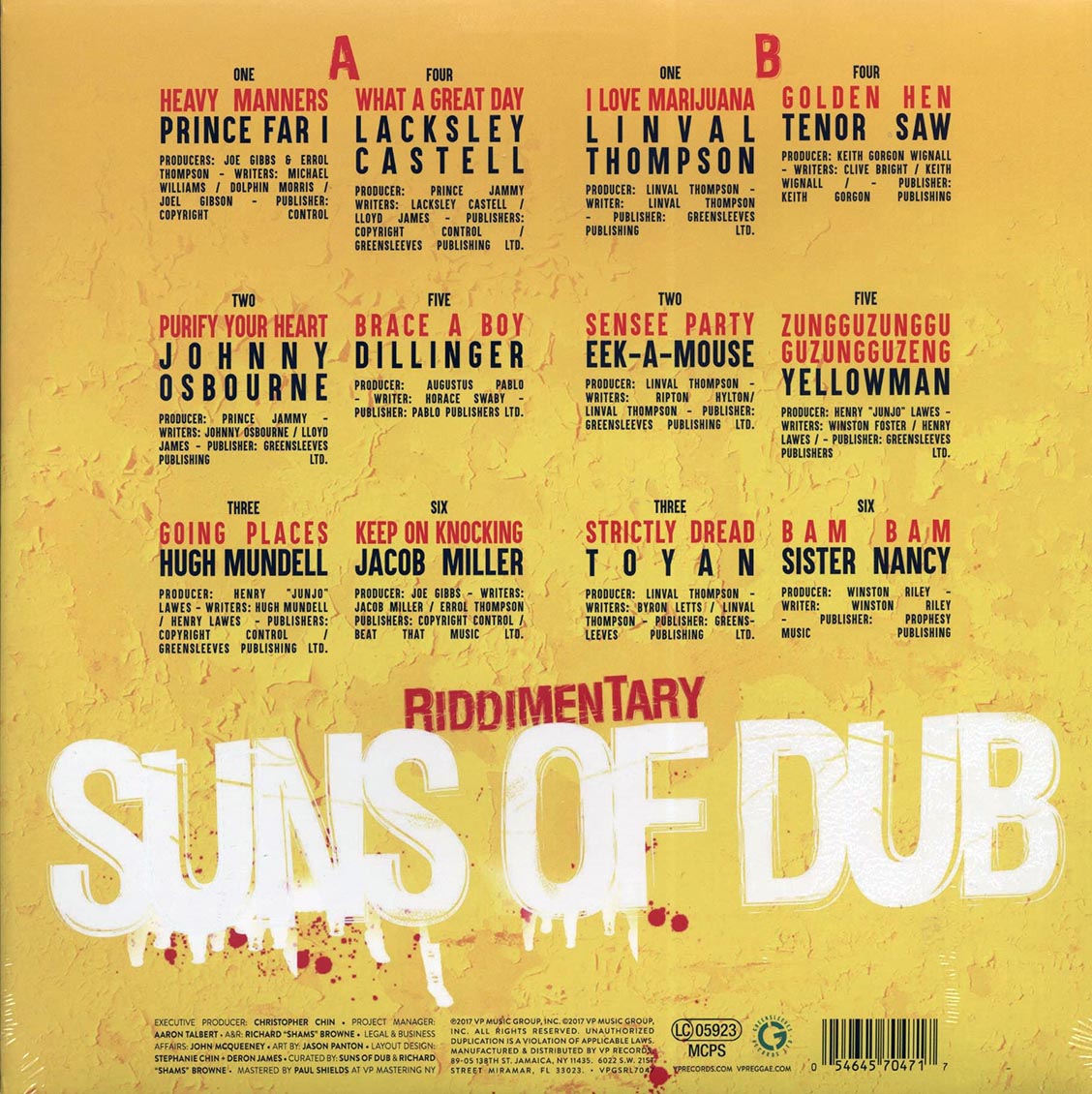Linval Thompson, Eek A Mouse, Tenor Saw, Jacob Miller, Hugh Mundell, Etc. - Riddimentary: Suns Of Dub Selects Greensleeves vinyl LP back cover