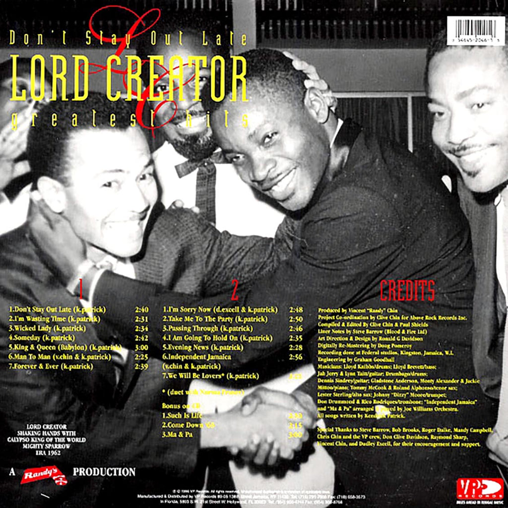 Lord Creator - Greatest Hits: Don't Stay Out Late vinyl LP back cover