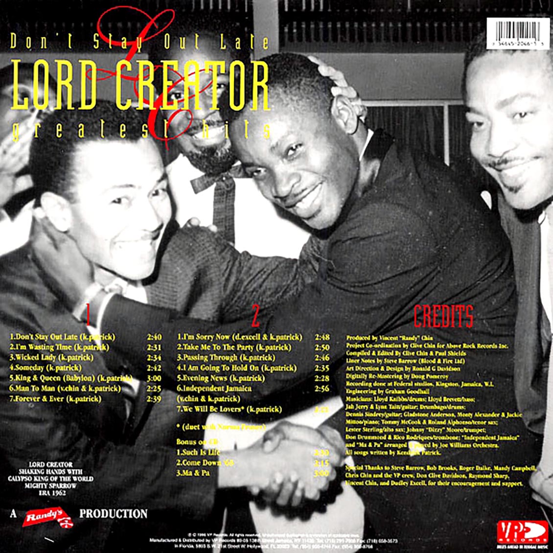 Lord Creator - Greatest Hits: Don't Stay Out Late vinyl LP back cover