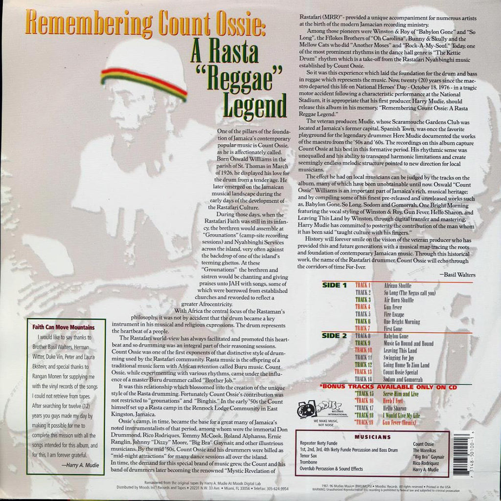 Count Ossie - Remembering Count Ossie: A Rasta Reggae Legend (1996 FIRST PRESS) (orig. press) (green vinyl) vinyl LP back cover