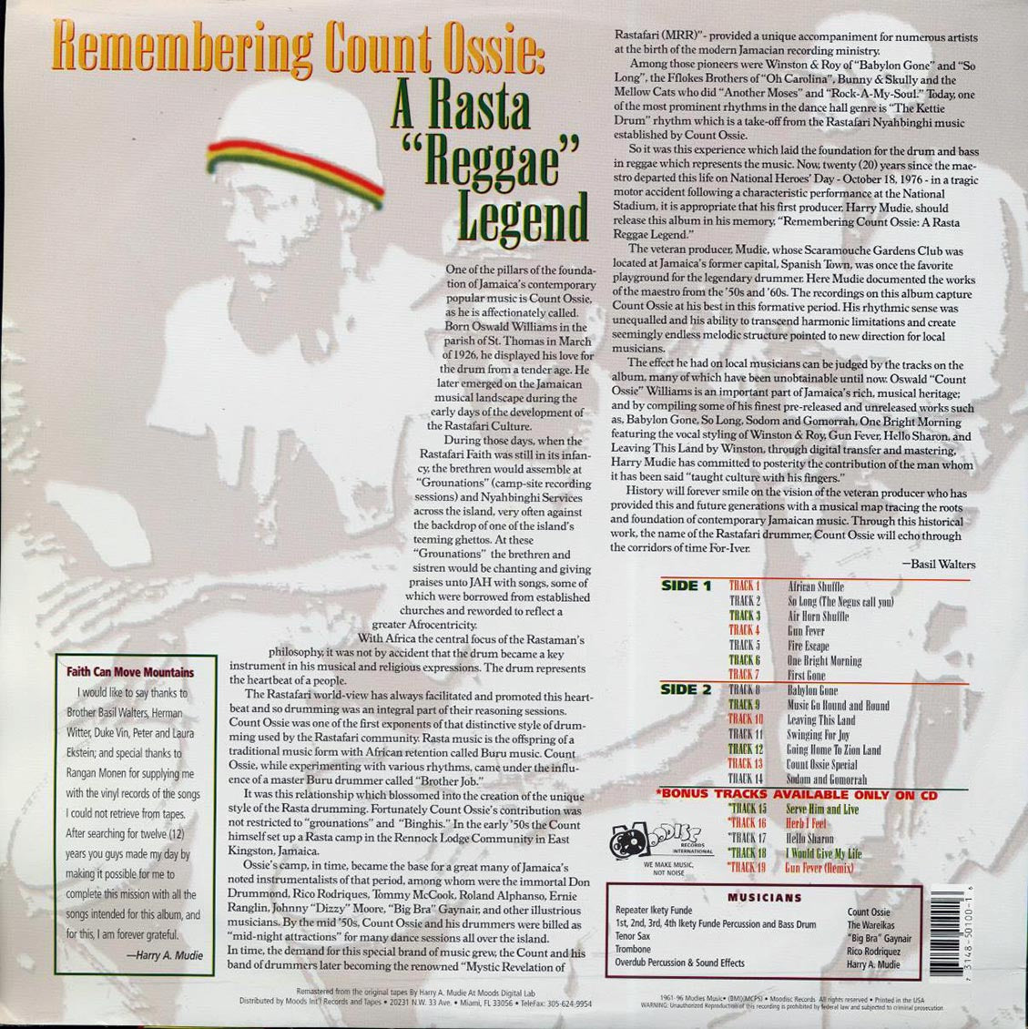 Count Ossie - Remembering Count Ossie: A Rasta Reggae Legend (1996 FIRST PRESS) (orig. press) (green vinyl) vinyl LP back cover