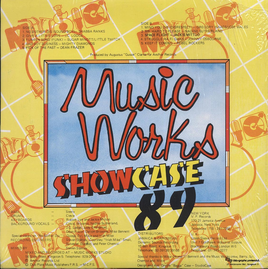 Johnny Osbourne, Gregory Isaacs, Sugar Minott, Shabba Ranks, Etc. - Music Works Showcase 89 (rhythm: "Mind You Dis") (Jamaica press) (orig. press) vinyl LP back cover