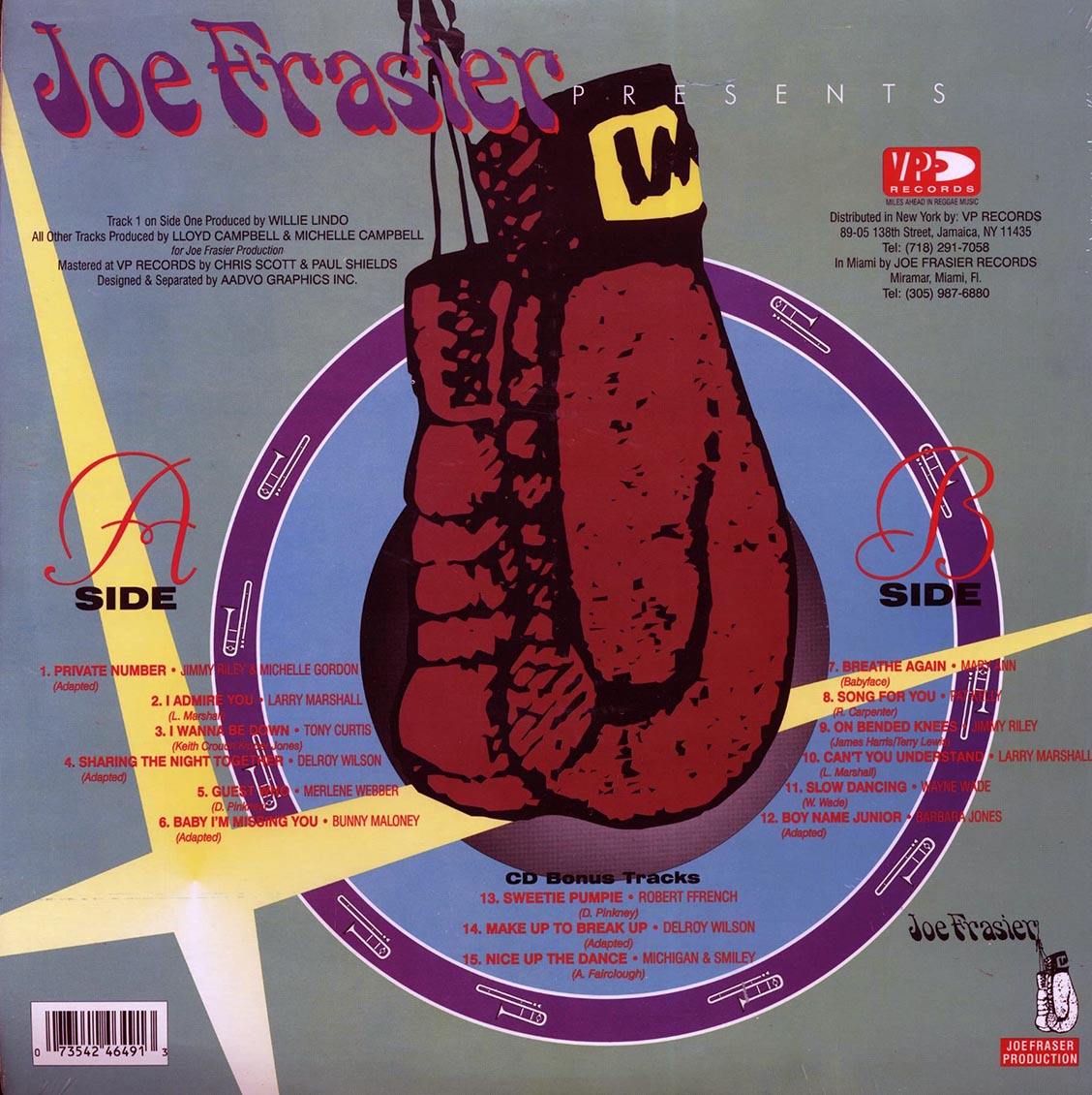Robert Ffrench, Delroy Wilson, Wayne Wade, Jimmy Riley, Etc. - Joe Frasier Presents (orig. press) vinyl LP back cover