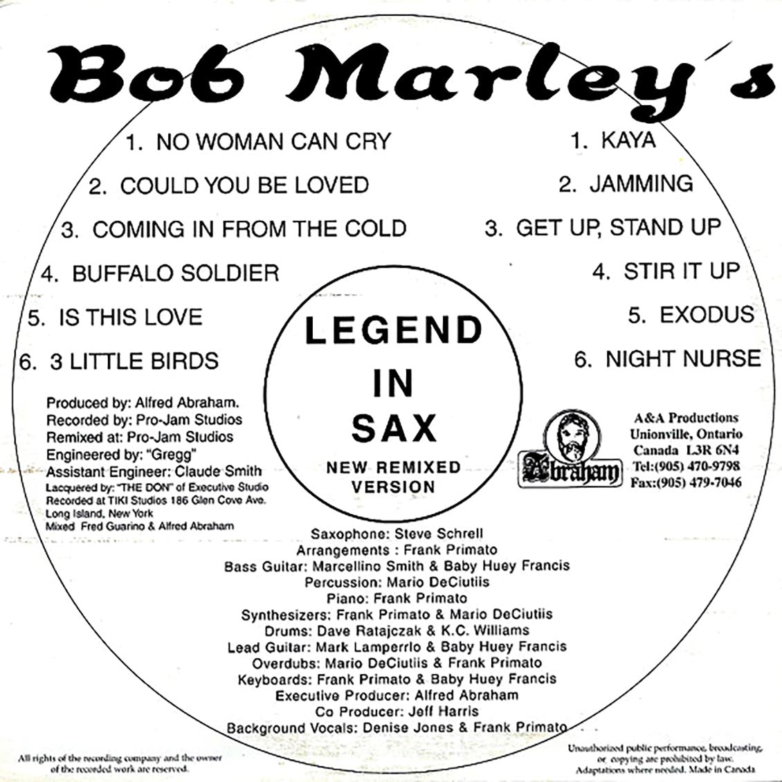 Bob Marley - Bob Marley's Legend In Sax vinyl LP back cover