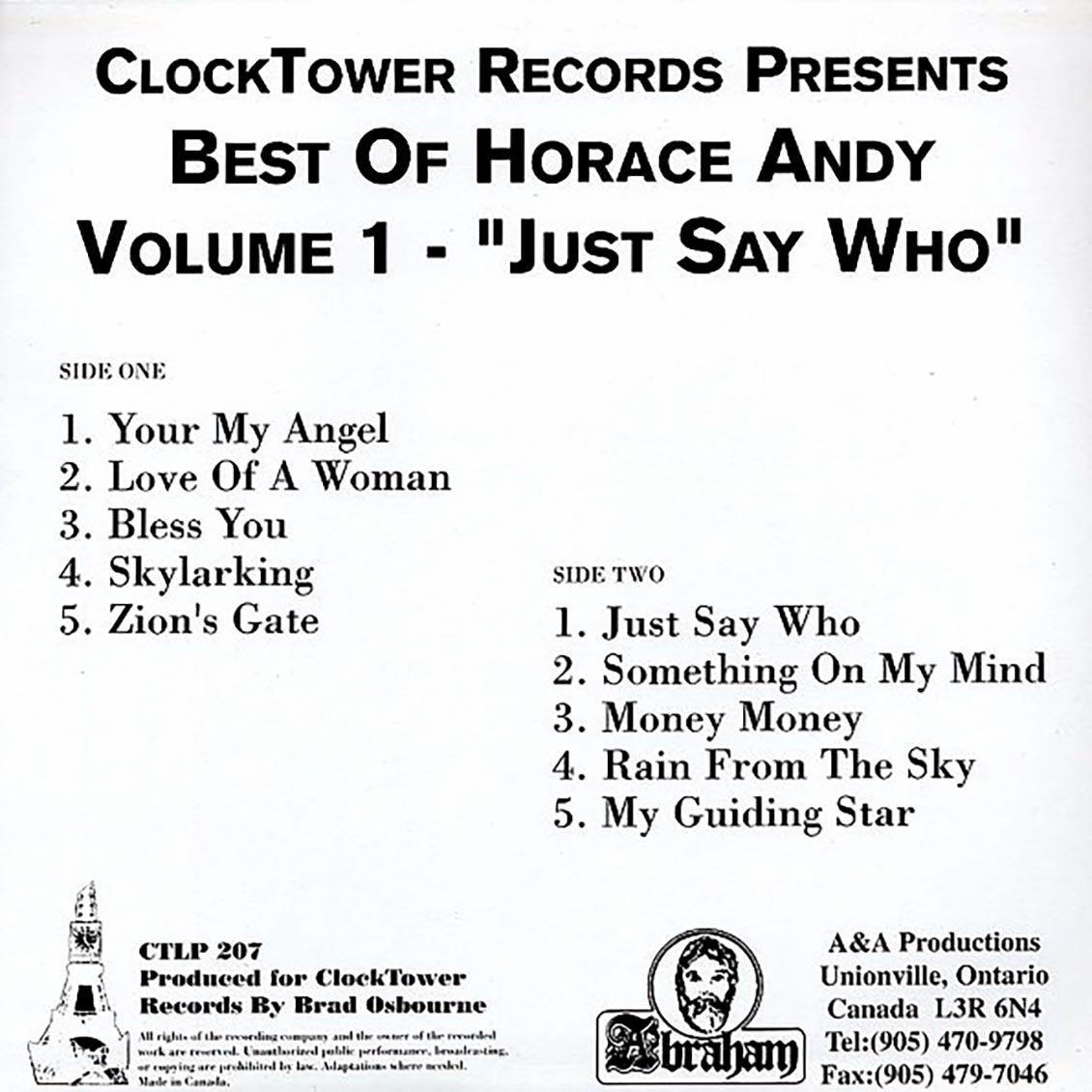Horace Andy - Best Of Volume 1: Just Say Who vinyl LP back cover