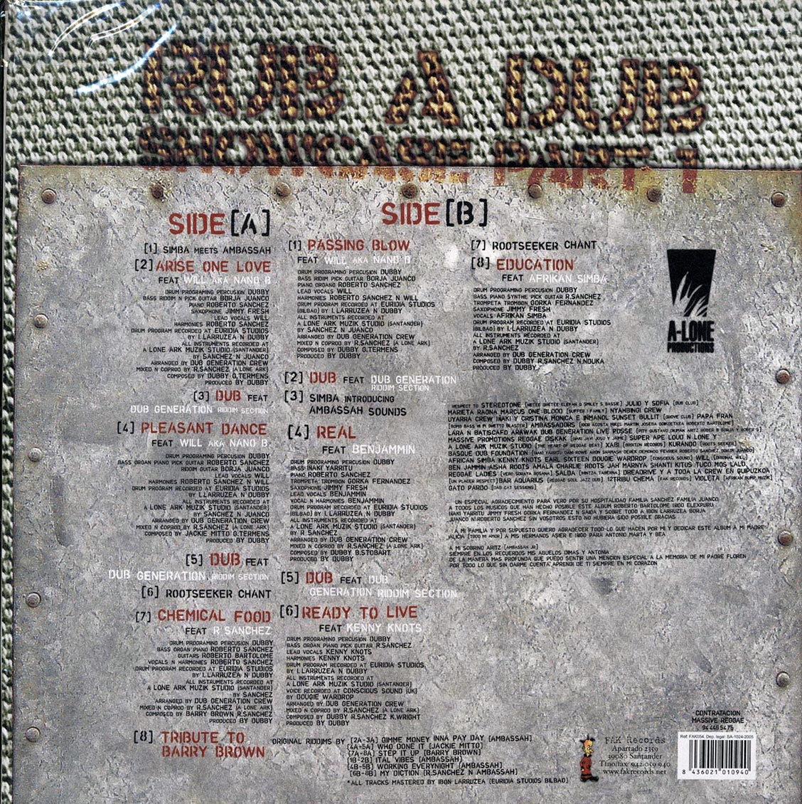 Ambassah - Presents Dub Generation Rub A Dub Showcase Vol 1 vinyl LP back cover