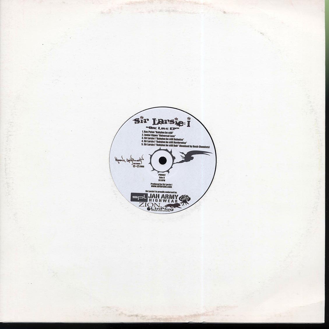Sir Larsie I - One Love EP vinyl LP back cover