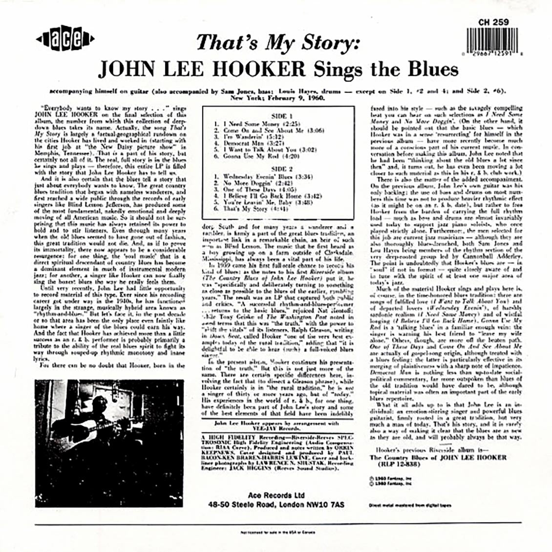 John Lee Hooker - That's My Story: Sings The Blues vinyl LP back cover