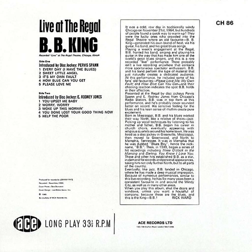 BB King - Live At The Regal vinyl LP back cover