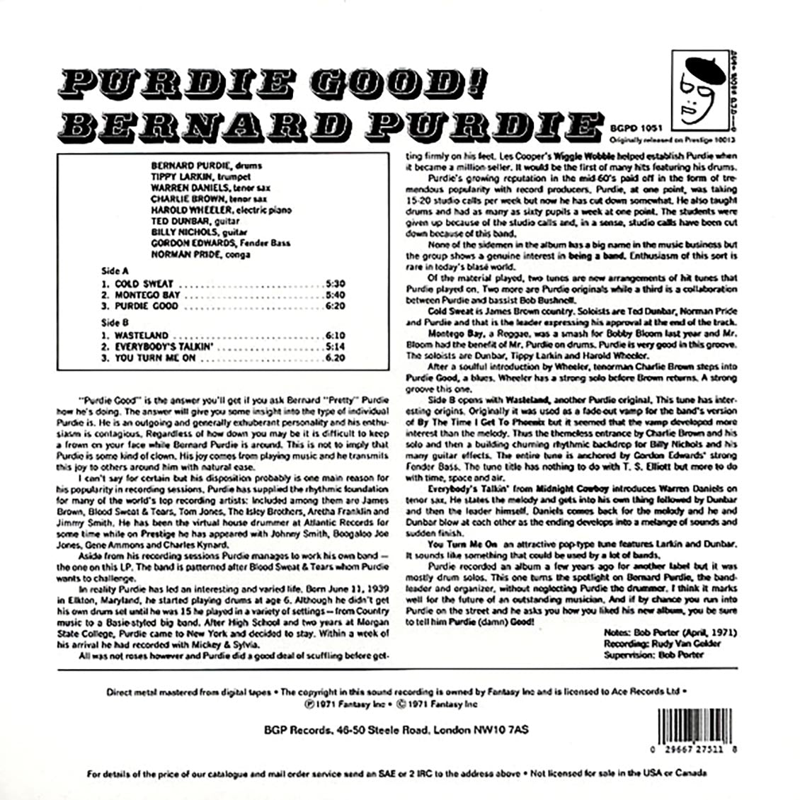 Bernard Purdie - Purdie Good vinyl LP back cover