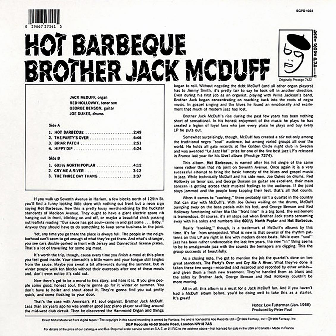 Brother Jack McDuff - Hot Barbeque vinyl LP back cover