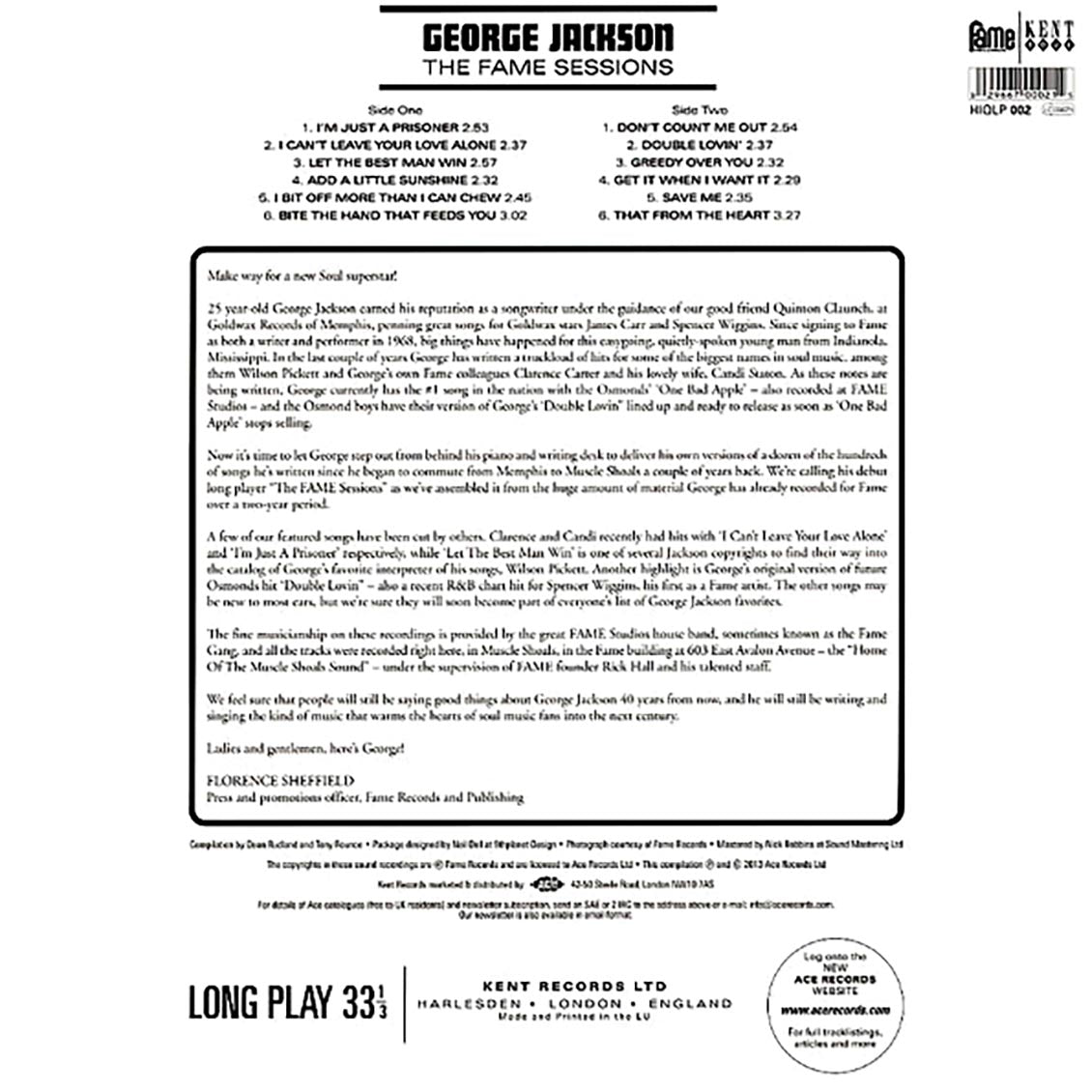 George Jackson - The Fame Sessions (180g) vinyl LP back cover