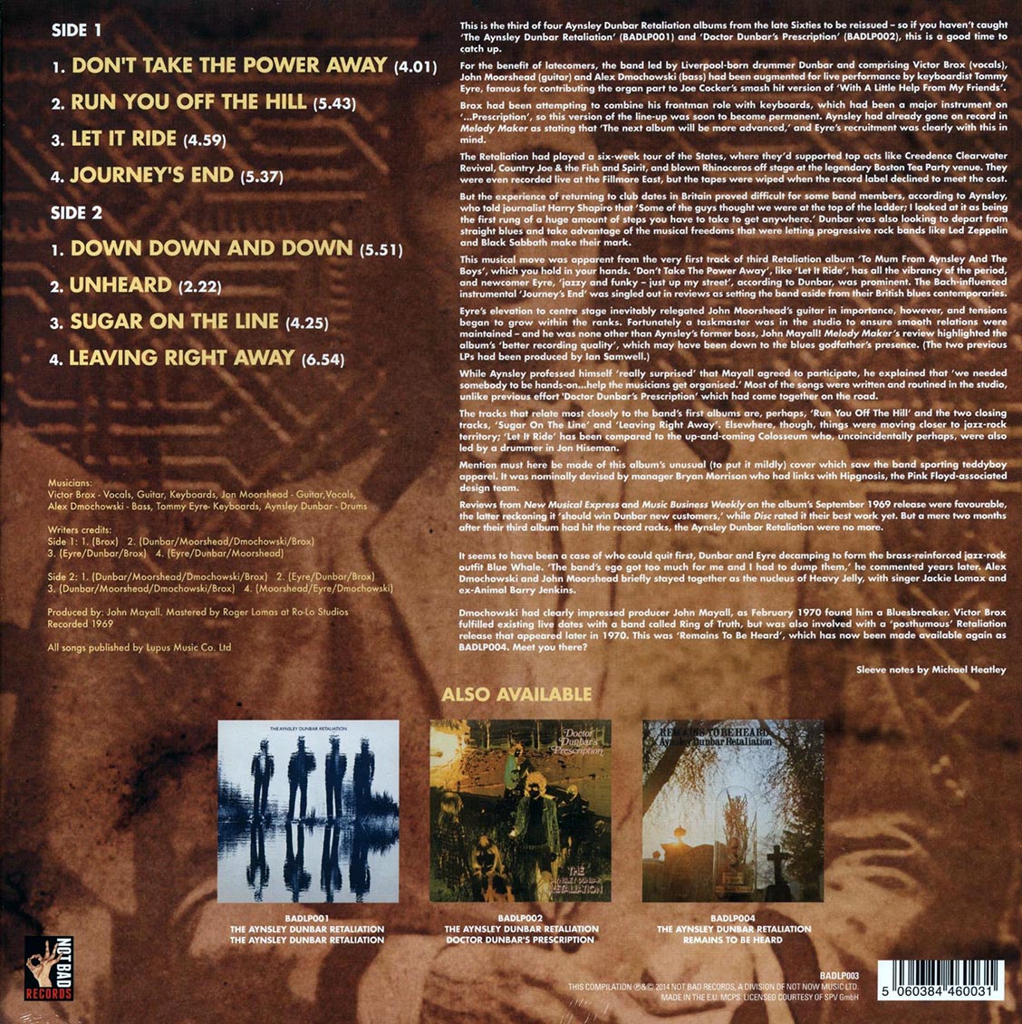 The Aynsley Dunbar Retaliation - To Mum, From Aynsley And The Boys (180g) vinyl LP back cover