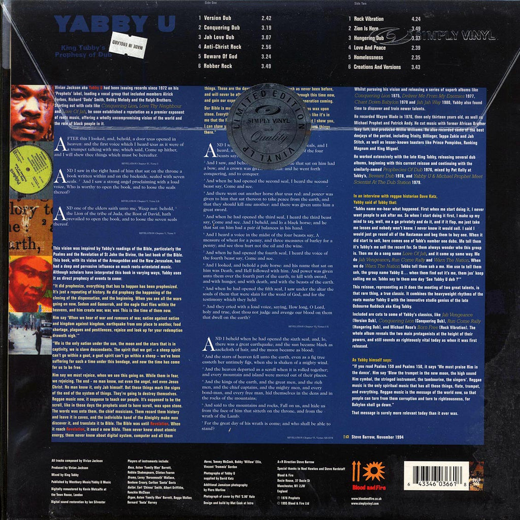 Yabby You - King Tubby's Prophesy Of Dub (180g) vinyl LP back cover