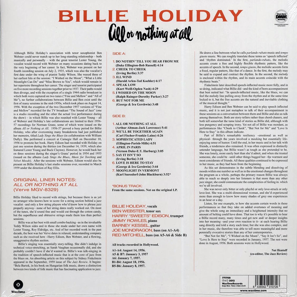 Billie Holiday - All Or Nothing At All (ltd. ed.) (180g) vinyl LP back cover