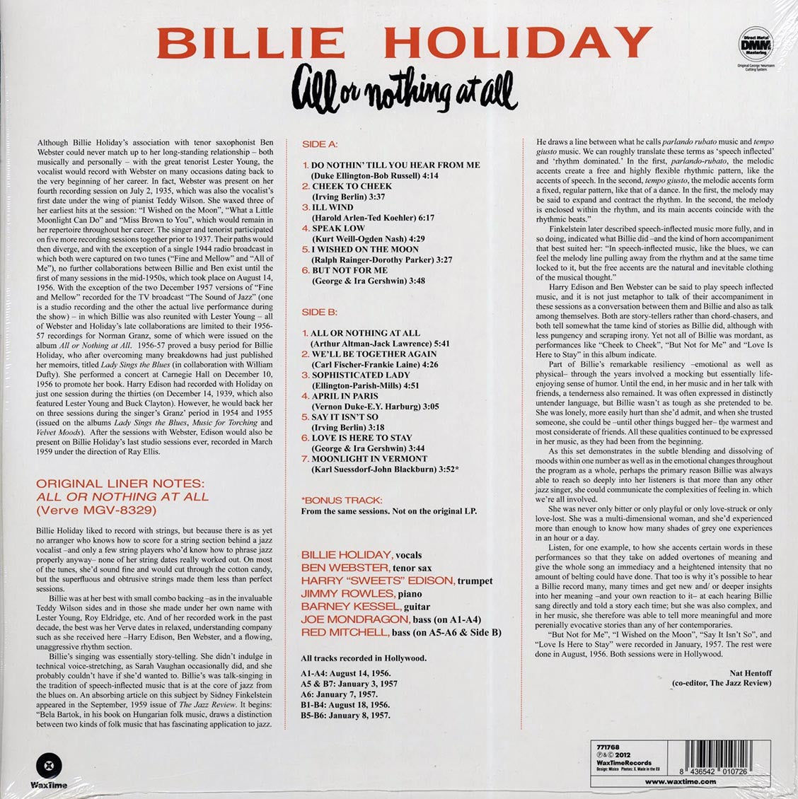 Billie Holiday - All Or Nothing At All (ltd. ed.) (180g) vinyl LP back cover
