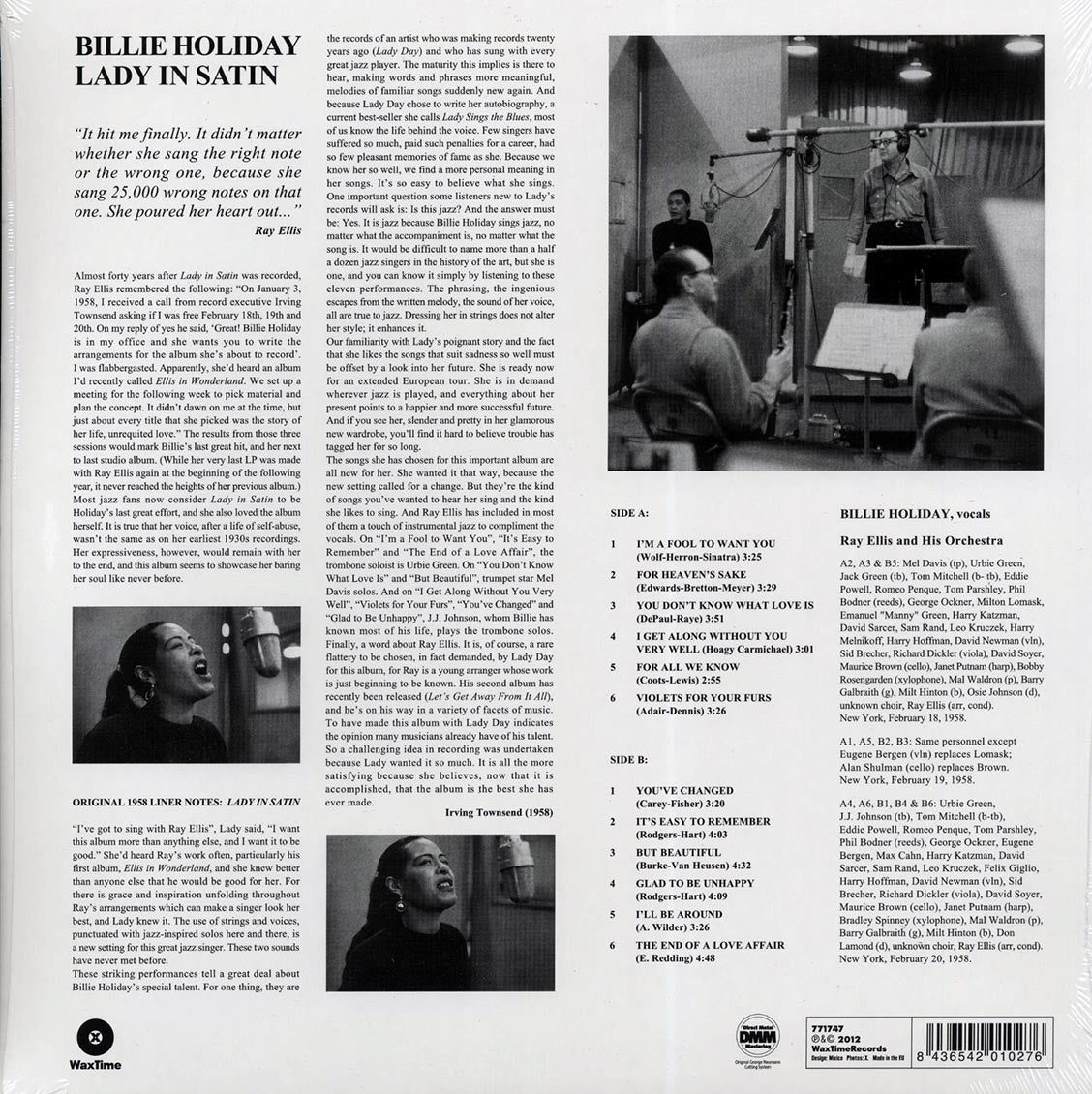 Billie Holiday - Lady In Satin (ltd. ed.) (180g) (remastered) vinyl LP back cover