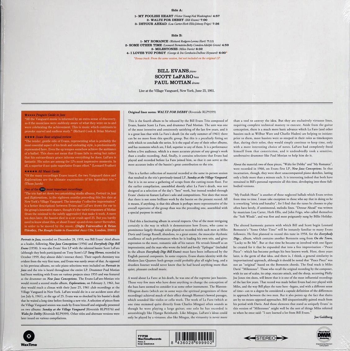 Bill Evans Trio - Waltz For Debby (ltd. ed.) (180g) (remastered) vinyl LP back cover