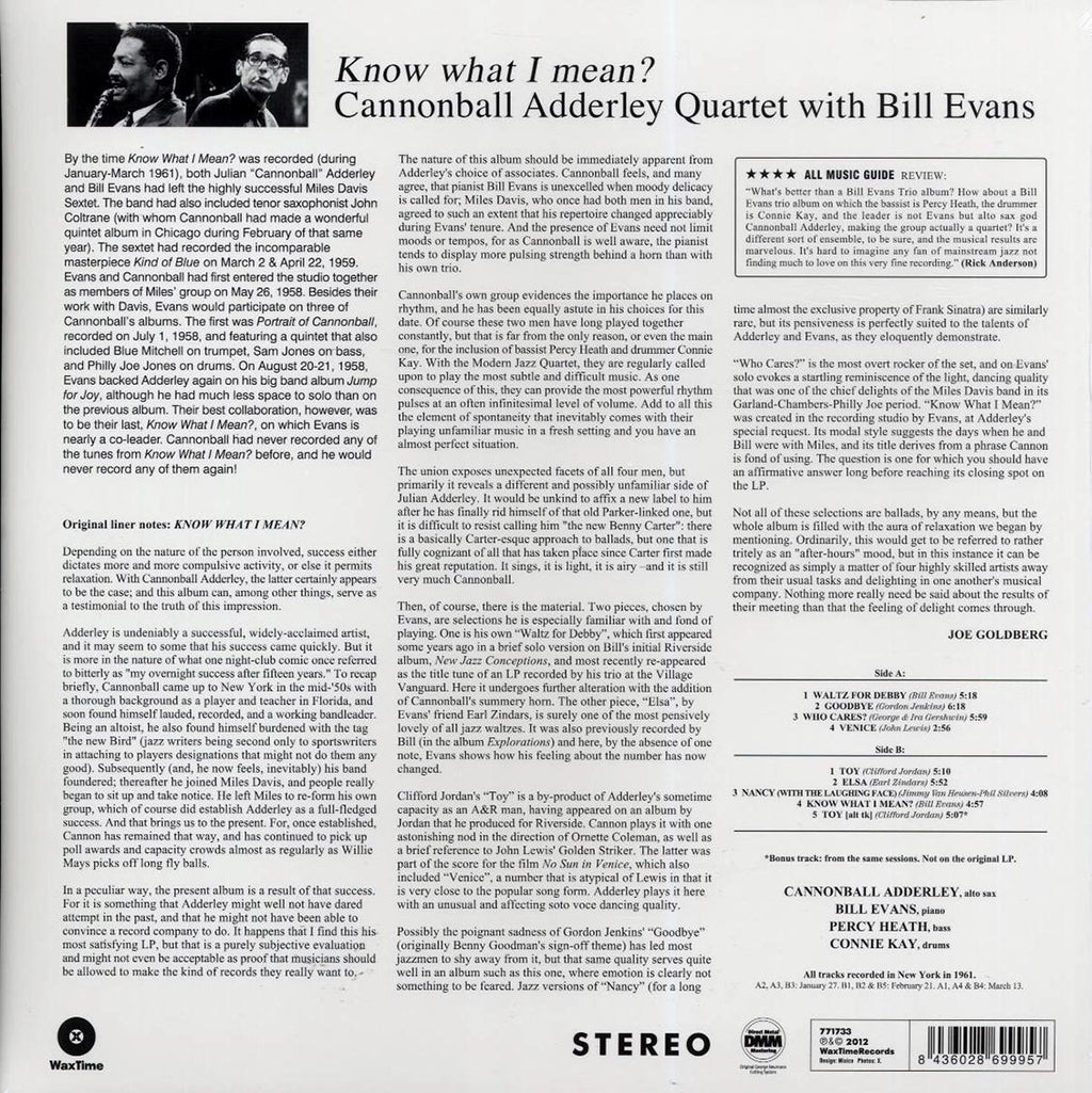 Cannonball Adderley, Bill Evans - Know What I Mean? (ltd. ed.) (180g) (remastered) vinyl LP back cover