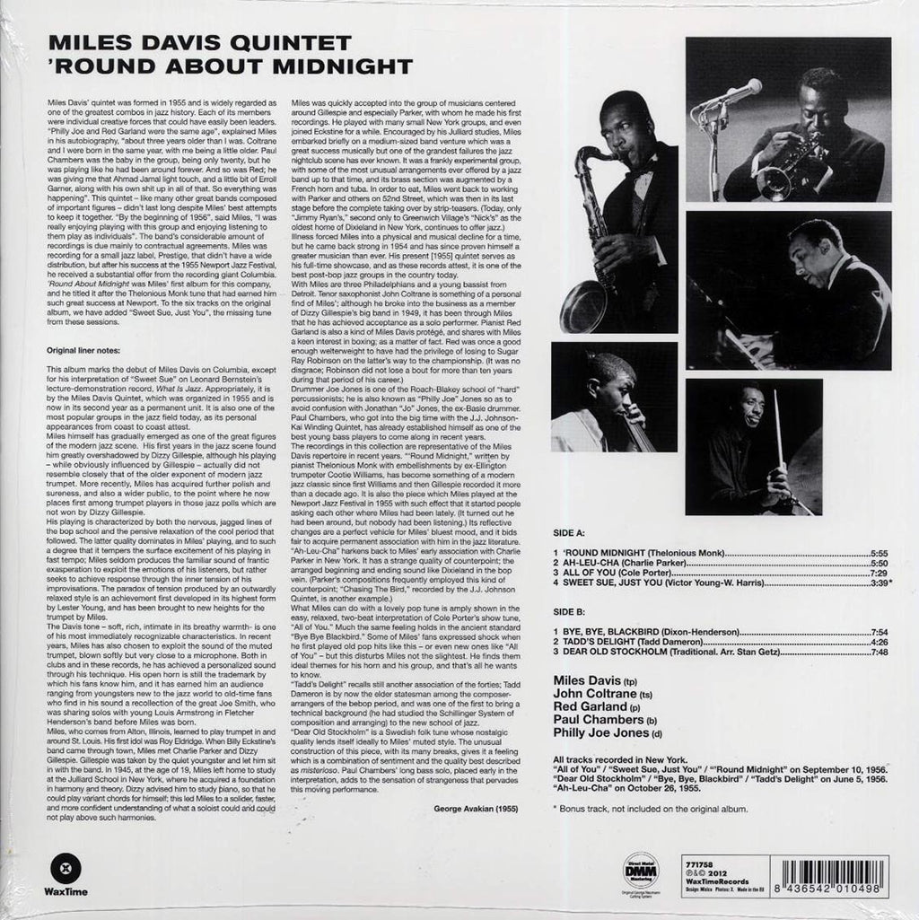Miles Davis Quintet - Round About Midnight (+bonus track) (ltd. ed.) (180g) vinyl LP back cover