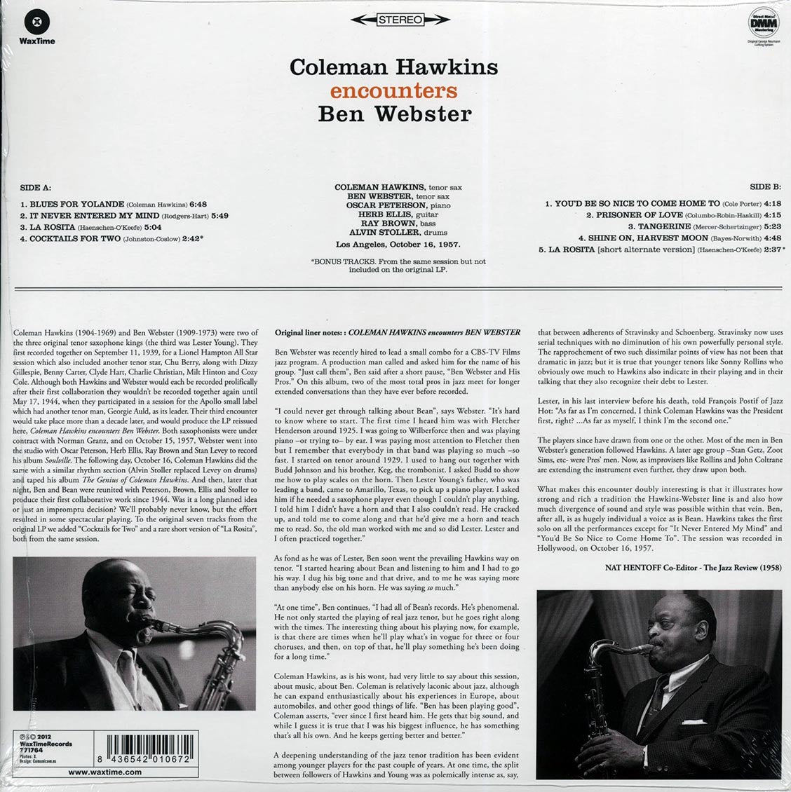 Coleman Hawkins, Ben Webster - Coleman Hawkins Encounters Ben Webster (ltd. ed.) (180g) (remastered) vinyl LP back cover