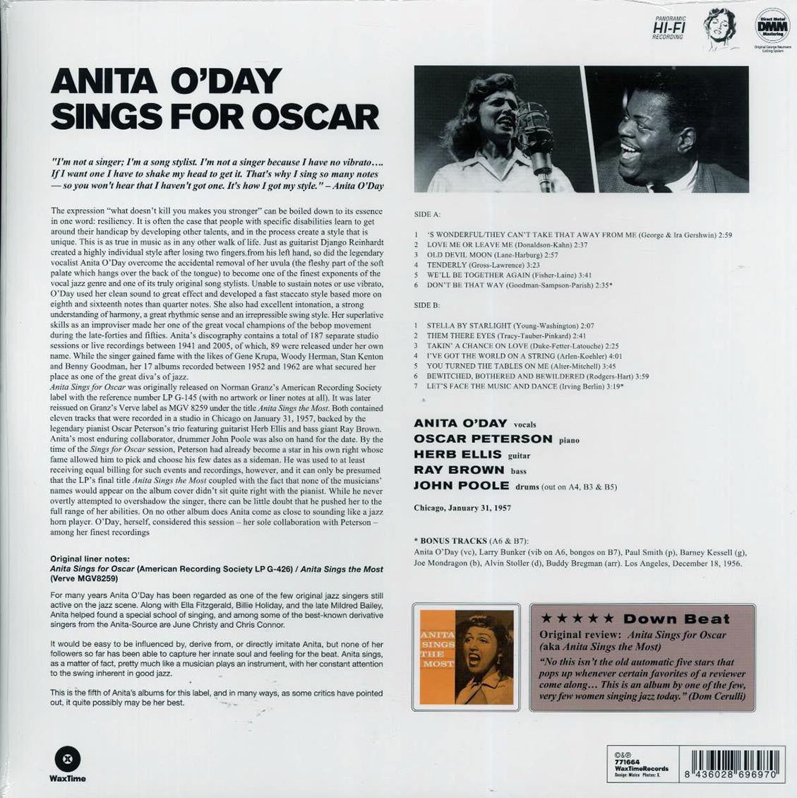 Anita O'Day, Oscar Peterson - Anita Sings For Oscar (ltd. ed.) (180g) (remastered) vinyl LP back cover
