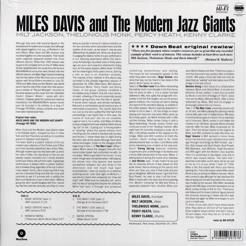 Miles Davis, Milt Jackson, Thelonious Monk, Percy Heath, Kenny Clarke - Miles Davis And The Modern Jazz Giants (ltd. ed.) (180g) vinyl LP back cover