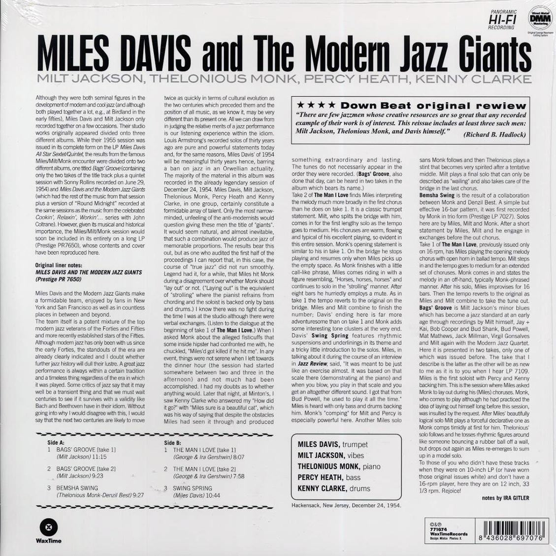 Miles Davis, Milt Jackson, Thelonious Monk, Percy Heath, Kenny Clarke - Miles Davis And The Modern Jazz Giants (ltd. ed.) (180g) vinyl LP back cover