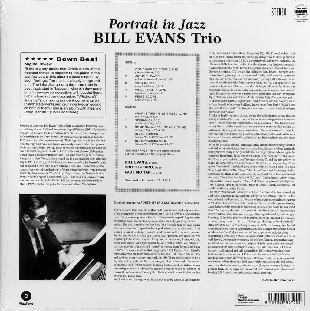 Bill Evans Trio - Portrait In Jazz (ltd. ed.) (180g) (remastered) vinyl LP back cover