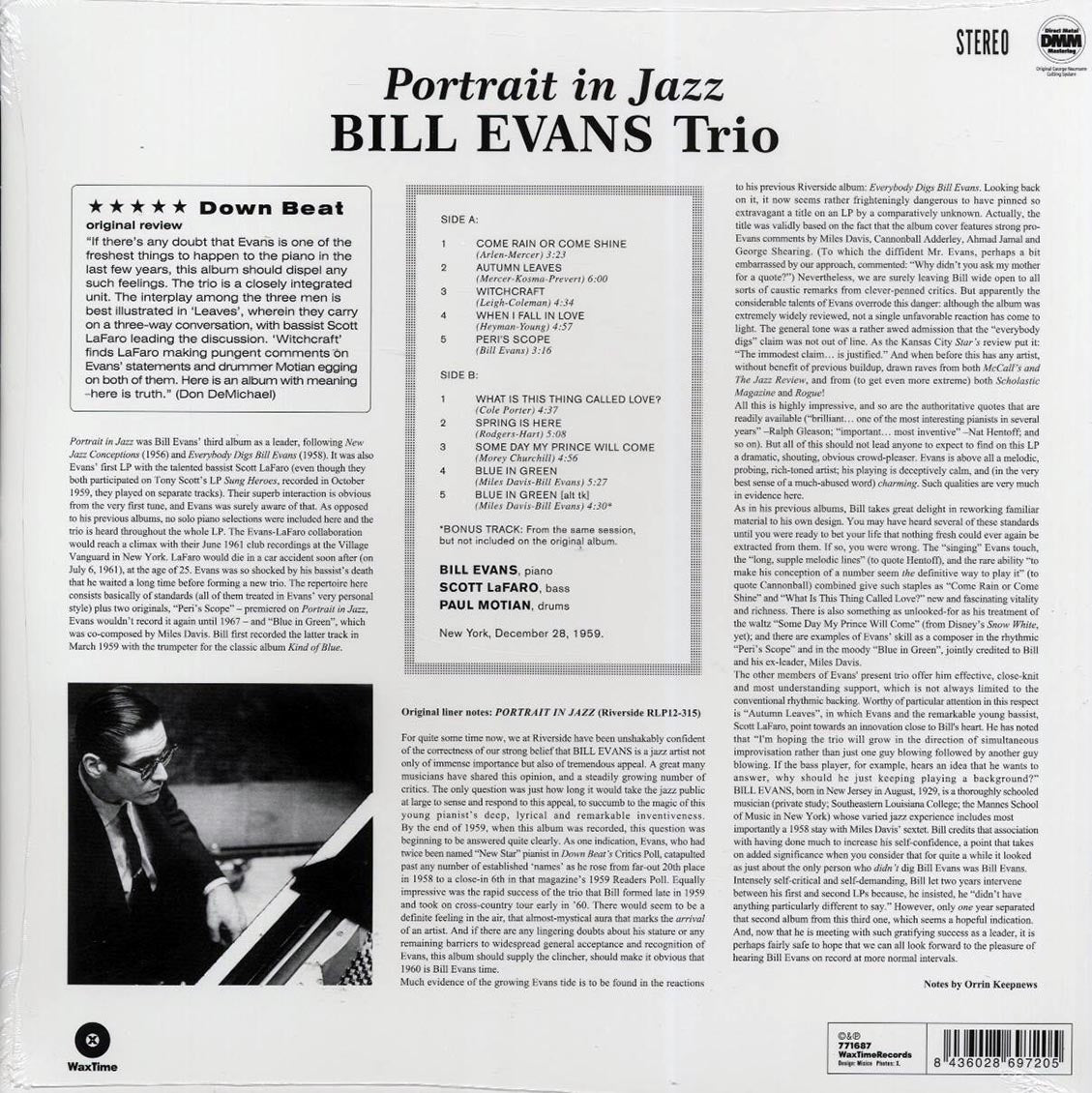 Bill Evans Trio - Portrait In Jazz (ltd. ed.) (180g) (remastered) vinyl LP back cover