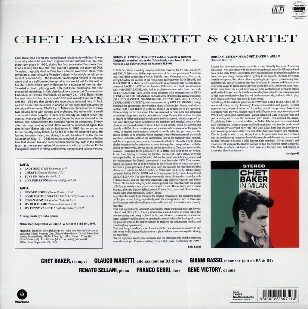 Chet Baker - Sextet & Quartet: Chet Baker In Milan (+bonus track) (180g) vinyl LP back cover