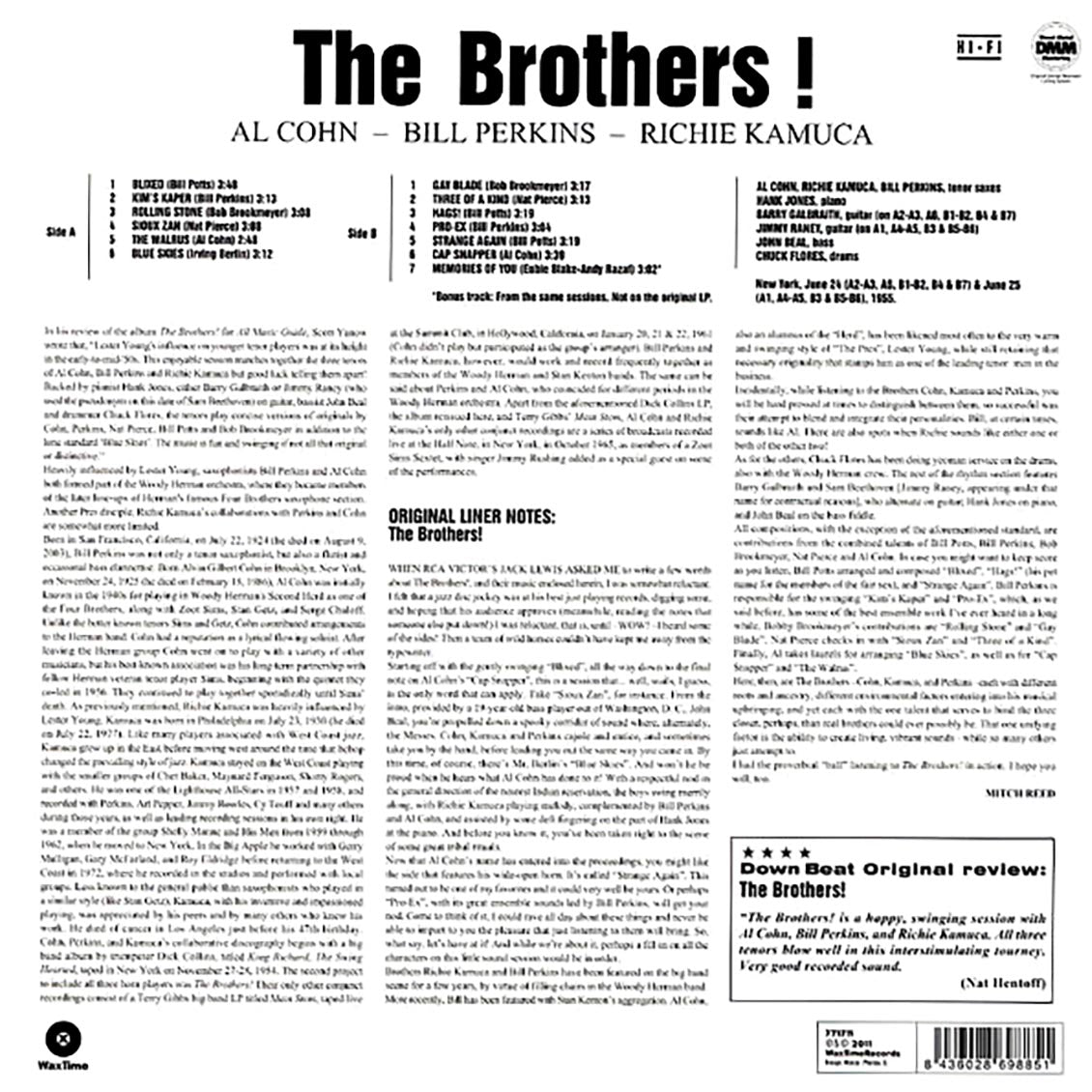 Al Cohn, Bill Perkins, Richie Kamuca - The Brothers! (ltd. ed.) (180g) vinyl LP back cover