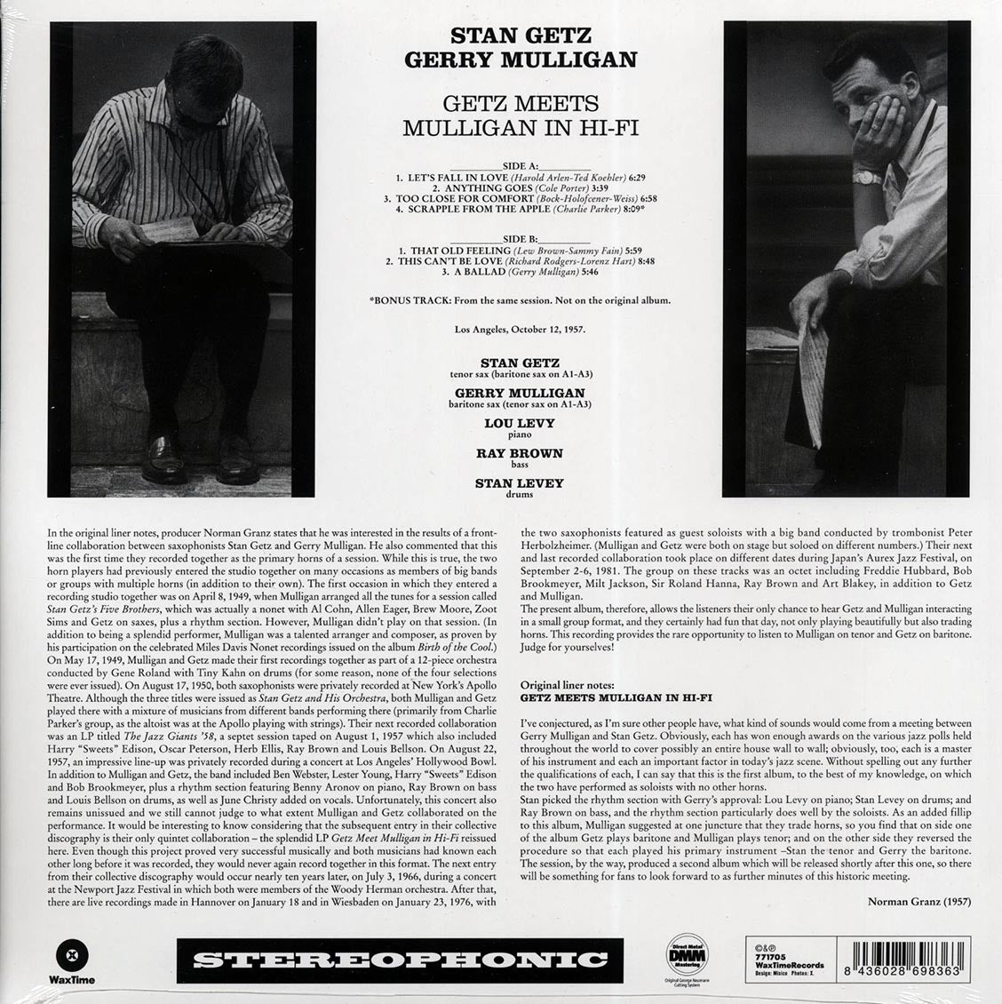 Stan Getz, Gerry Mulligan - Getz Meets Mulligan In Hi-Fi (ltd. ed.) (180g) vinyl LP back cover