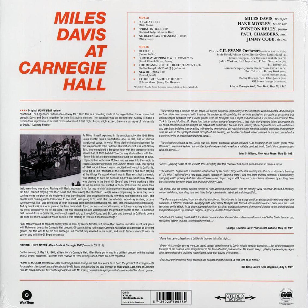 Miles Davis - Miles Davis At Carnegie Hall (+bonus track) (ltd. ed.) (180g) (remastered) vinyl LP back cover