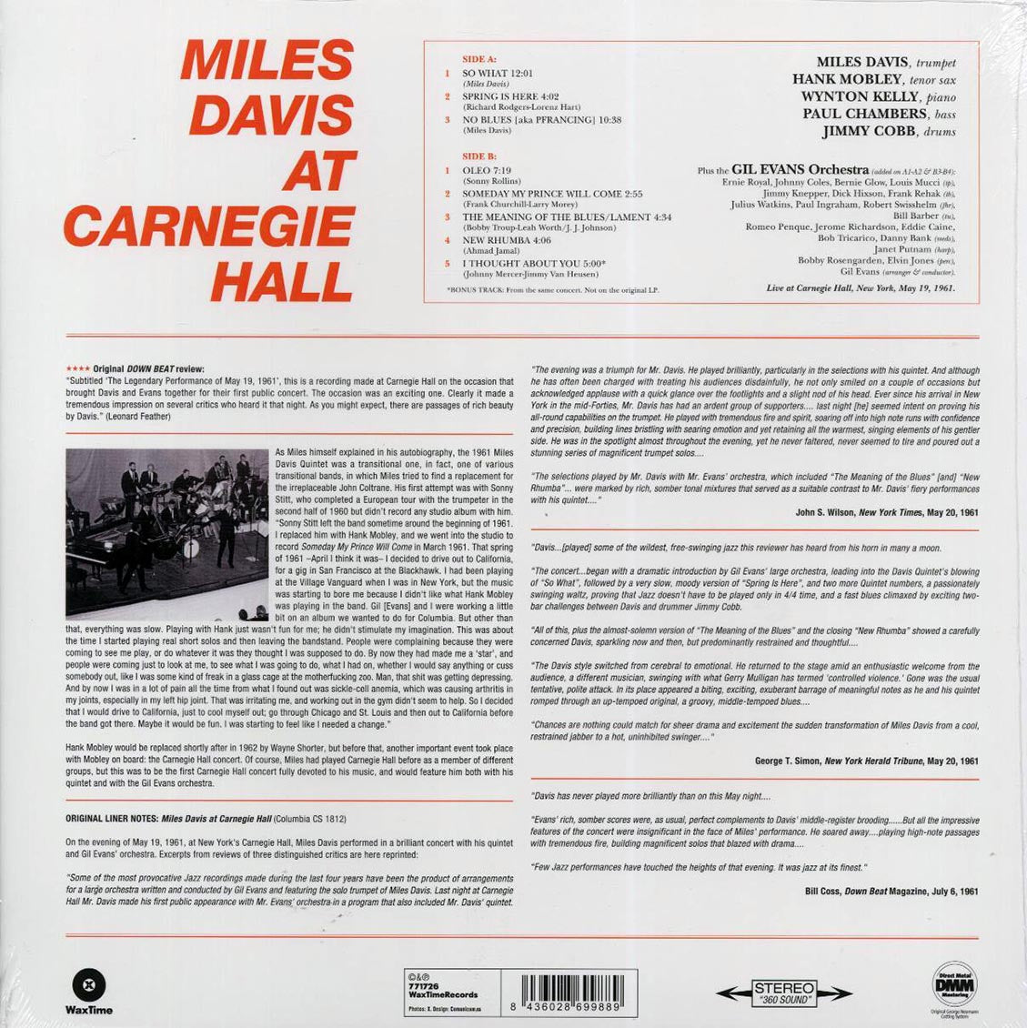 Miles Davis - Miles Davis At Carnegie Hall (+bonus track) (ltd. ed.) (180g) (remastered) vinyl LP back cover