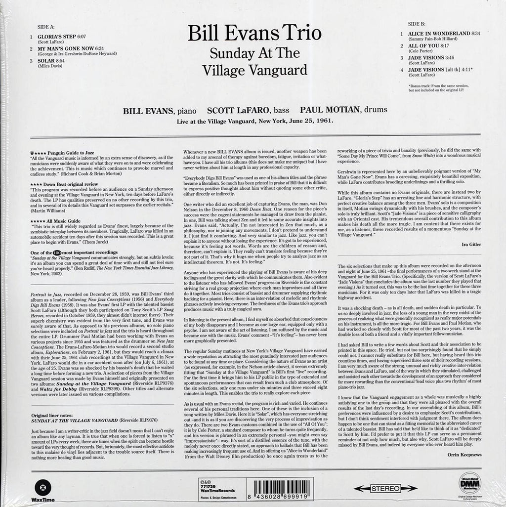 Bill Evans Trio - Sunday At The Village Vanguard (ltd. ed.) (180g) (remastered) vinyl LP back cover