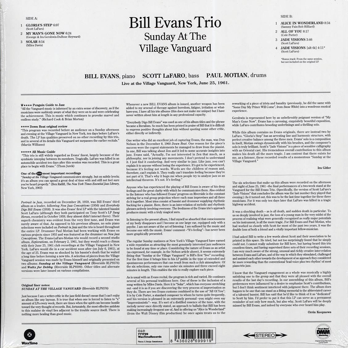 Bill Evans Trio - Sunday At The Village Vanguard (ltd. ed.) (180g) (remastered) vinyl LP back cover
